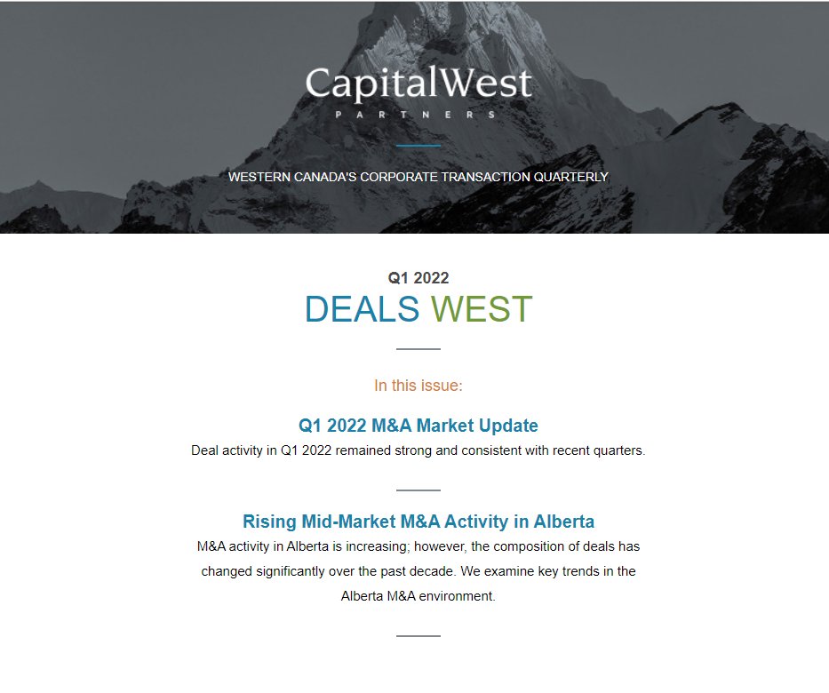 M&amp;A deal activity continued to be strong through Q1 2022

Also in this issue:
Exploring changes to the Alberta mid-market M&amp;A landscape over the past 8 years

Read the full Deals West newsletter at capwest.com/news

#Capwest #mergersandacquisitions #Alberta #advisory