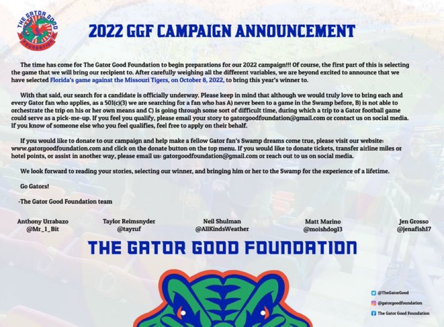 TheGatorGood's tweet photo. #Gators fans! We are looking for a deserving candidate (or candidates) to bring to the Missouri game on October 8 in the Swamp!

If you’ve never been to a game and you feel you meet our qualifications, simply apply by reaching out to us detailing your situation!

More info 🔻 https://t.co/bX18X9uwE9