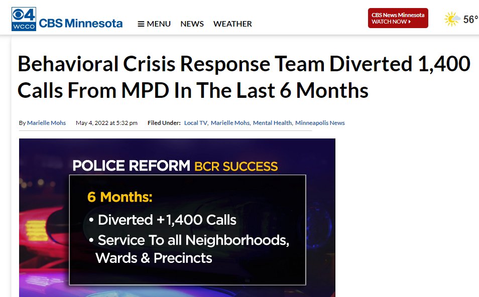 MplsInnovation's tweet photo. "[BCR responders] were so calm, so in control and when they got onto the porch with [the person in crisis], they knelt down to where he was,” said @CityMinneapolis resident to @WCCO about her experience calling 911 for behavioral crisis support.

Watch: https://t.co/2dAQoYgNz6 https://t.co/N4Rc8hpP8m
