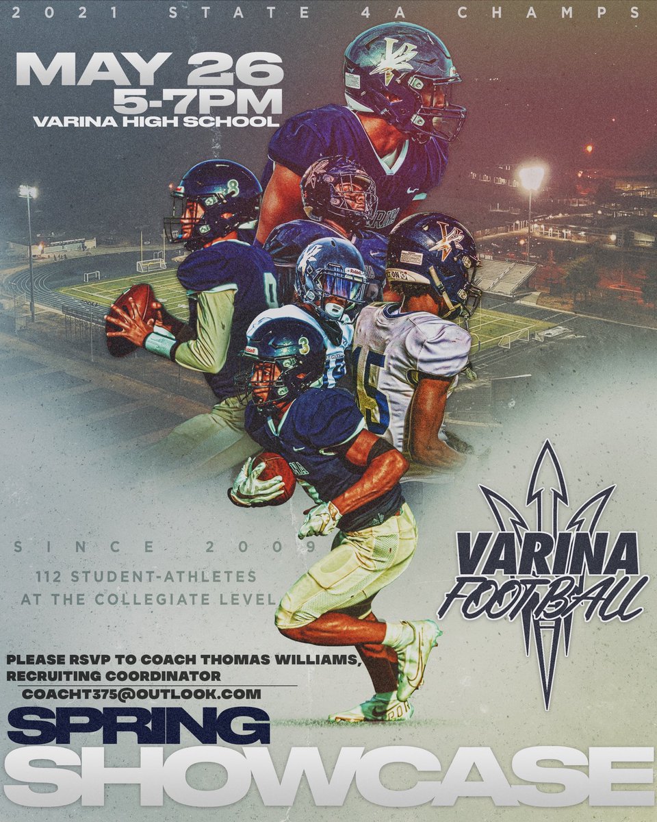📣College coaches, Varina Football will be holding a showcase event for our players on May 26 from 5-7PM at Varina HS. This event will be an opp. to see our players move and compete in drills and see the defending 4A state champs in action.
✨This event is not open to the public