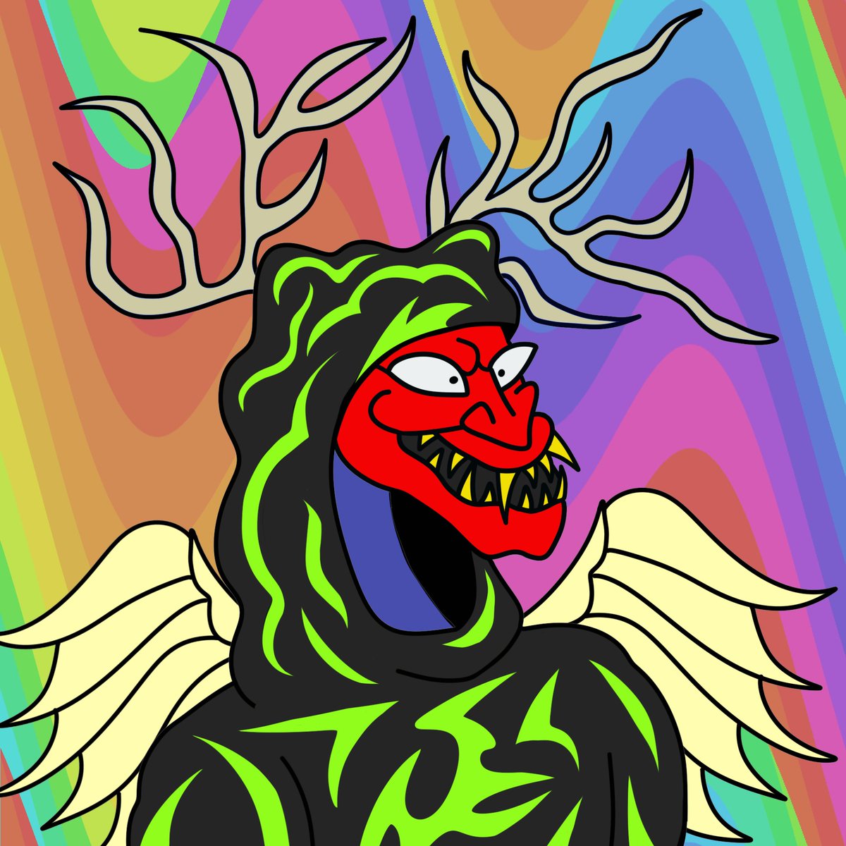 HOWLERZNFT's tweet photo. Whoa! RARE PREY have appeared! Seen here: Elk with hoodie + oni mask + angel wings / sheep + dead Wulf hat on the two different variations of 🌈 bg in the collection… https://t.co/rbKCV4oPNO