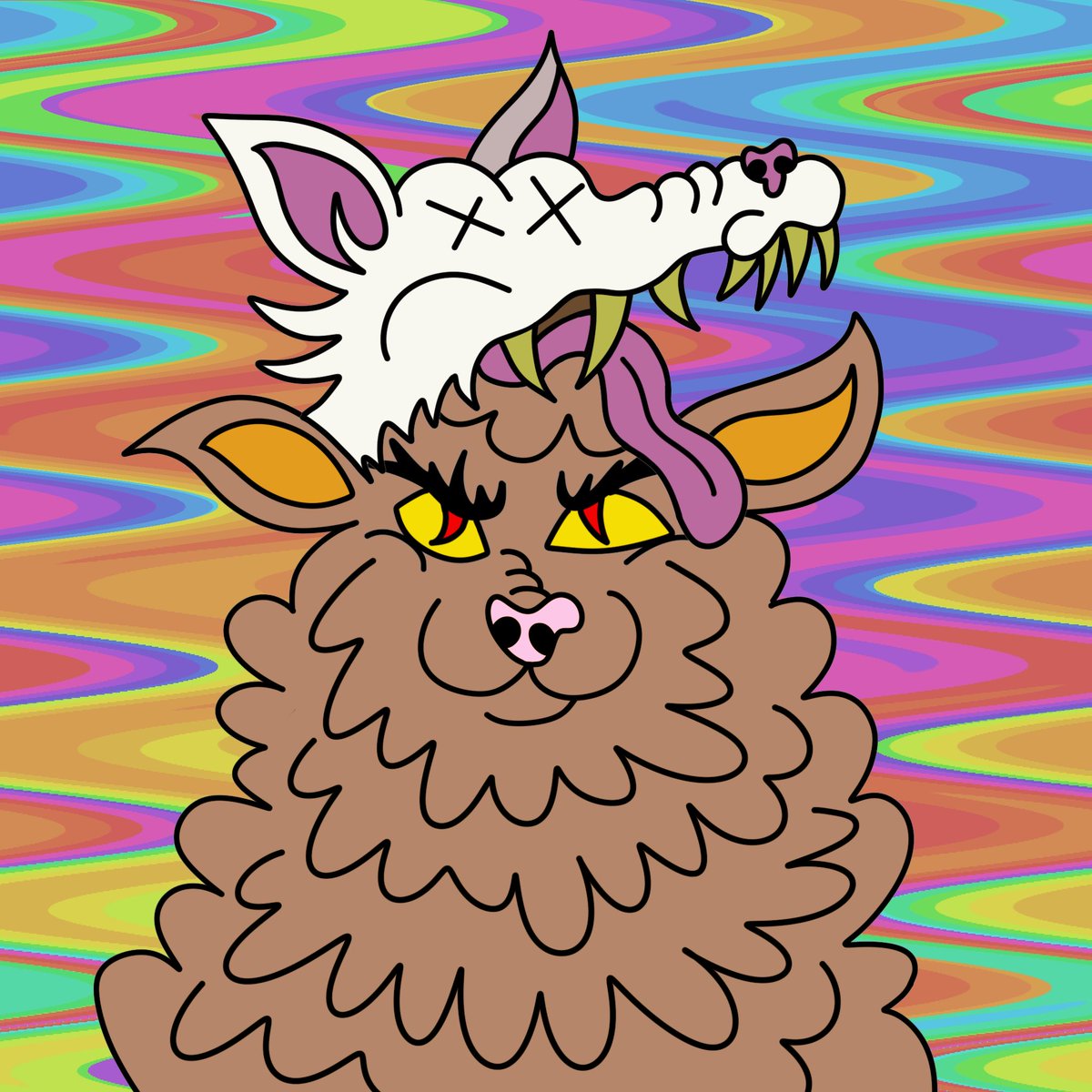 HOWLERZNFT's tweet photo. Whoa! RARE PREY have appeared! Seen here: Elk with hoodie + oni mask + angel wings / sheep + dead Wulf hat on the two different variations of 🌈 bg in the collection… https://t.co/rbKCV4oPNO