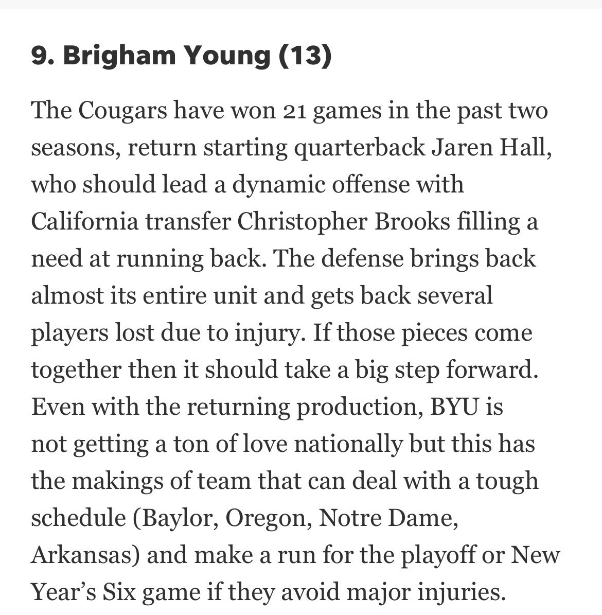 RT @DailyUnivSports: BYU comes in at #9 in USA Today’s preseason college football rankings. https://t.co/6q011Nky4W