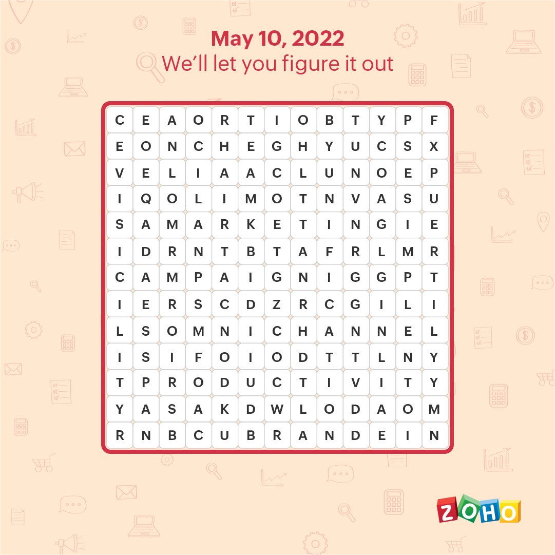 Zoho's tweet photo. 📢  We've been working on something exciting and we're all set for the big release on May 10, 2022. 📆 

Can you guess what it is? Here are some hints to help you. 😉 https://t.co/zAavIxSZuQ