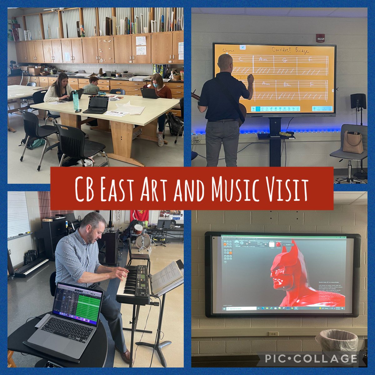 CBlismith's tweet photo. Had a wonderful visit to @east_cb to see ways #edtech is being used in our fabulous @CBSDMusic and @CBSDart departments. So impressed by these Ts of these courses and the content Ss are creating! #cbsdproud #cbinnovate https://t.co/d08xGbs3E3