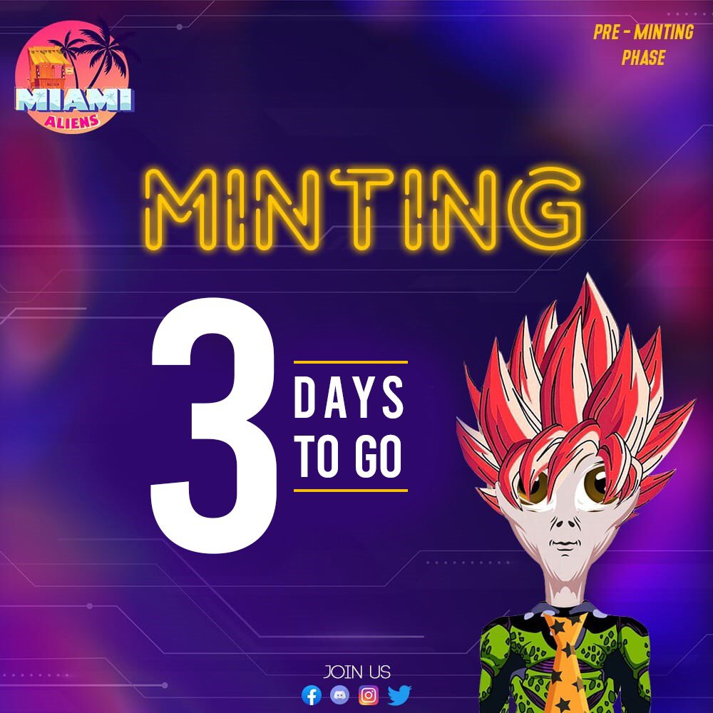 miami_aliens's tweet photo. 🚨 Minting will be exclusively live in 3 days! Stay tuned 

Follow us on Twitter!

Join our Discord server to be a part of the Miami Aliens Community!
https://t.co/aAeoPeTHCk

#nft #nftcommunity #giveaways #nftgiveaway #ethereum https://t.co/VbZpDnyUnt