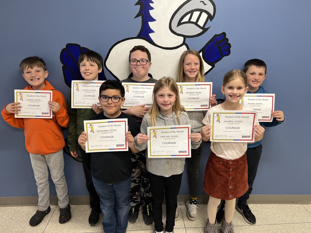 PbisAnderson's tweet photo. Congratulations to this SUPERB group of 3rd-grade students. They were selected as the Anderson Elementary Students of the Month for April for showing COURAGE. #BondurantsBEST https://t.co/8doMMSbWnN