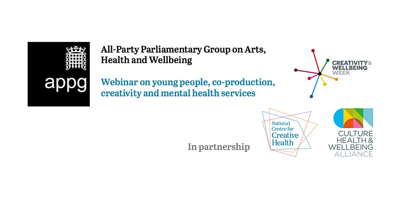 TheNCCH's tweet photo. Join the All-Party Parliamentary Group on Arts, Health &amp; Wellbeing, for a webinar on how co-production &amp; creativity with young people can influence mental health service design &amp; delivery

Tues 17 May, 10 – 11:30, Free
Part of Creativity &amp; Wellbeing Week 

https://t.co/8jPVvtTSmy https://t.co/j5qMwq9Ybn