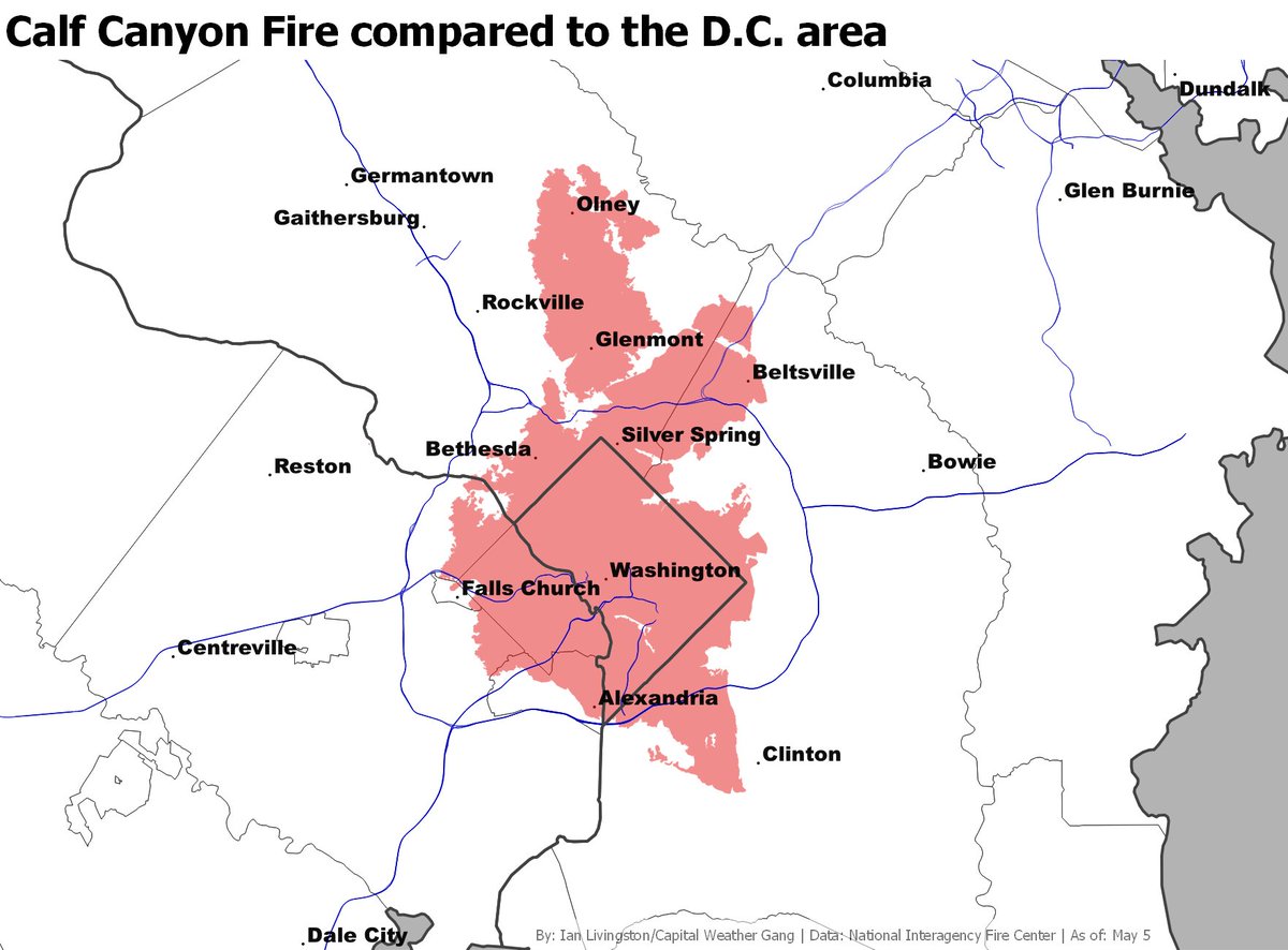 capitalweather's tweet photo. How big is the #CalfCanyonFire? Bigger than DC. Map by  @islivingston ... 2/x https://t.co/btkTc8orwh