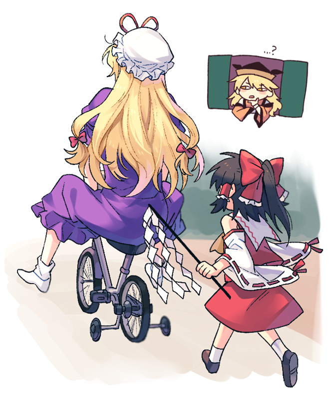 hakurei reimu ,matara okina ,yakumo yukari hat multiple girls blonde hair gohei mob cap long hair bow  illustration images