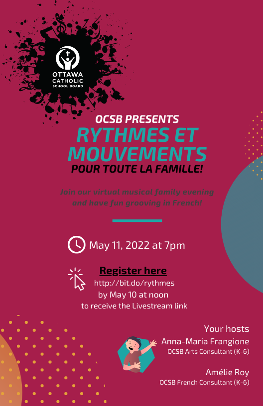 anna_frangione's tweet photo. Parents &amp; Families R invited 2 attend a virtual evening of interactive 🎵, movement &amp; fun Support your child in their French learning.  No French experience needed Registration https://t.co/eomF7M7KQM @OttCatholicSB @ocsbBonjour @OttawaCSPA @ocsbLead  @OCSBelementary @OCSBSpecEd https://t.co/0EFBXQRqq3