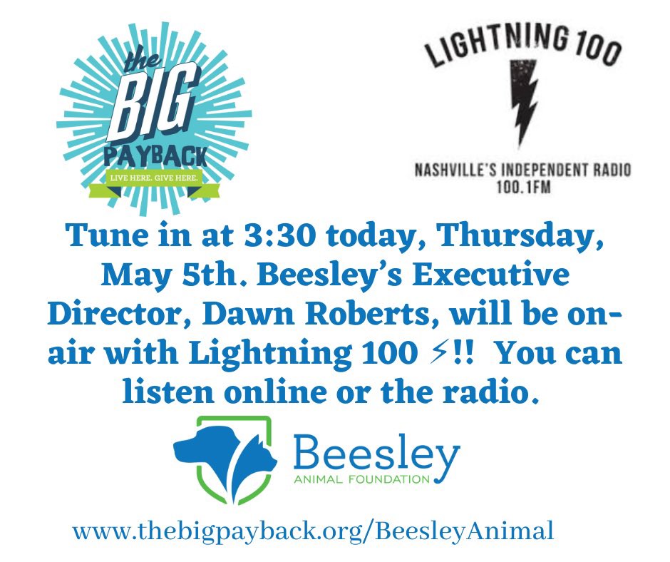 Be sure to tune in to @Lightning100! You can stream or listen on your radio. At 3:30 they are talking with @BeesleyAnimal  Executive Director, Dawn! #BigPayback #MyPaybackPic #YappyHour