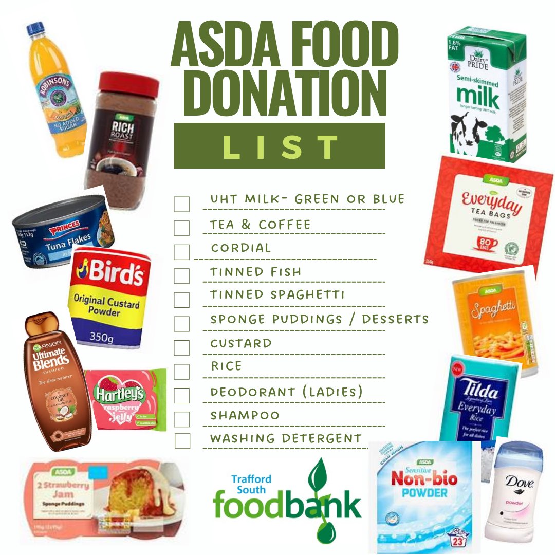 TrafSthFoodbank's tweet photo. 💚Come and join us tomorrow or Saturday at the Asda Food Donation Drive 10-4pm at Asda (Broadheath).
👋Our wonderful volunteers will be there to collect any donations &amp; answer any questions you might have.
🥫A helpful list of our most needed items is below. #thankyoutrafford https://t.co/MT5b7TlyRH