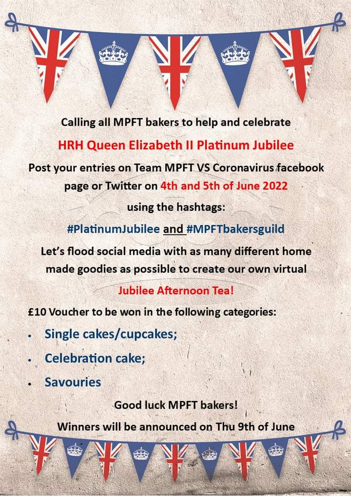 ot_petra's tweet photo. To all the bakers @mpftnhs...
Are you ready to show us your baking skills? Please join us in celebrating the #PlatinumJubilee #mpftbakersguild @NeilCarrMPFT @ignasiagell @SteveGrangeMPFT https://t.co/XVCjwrm9I3