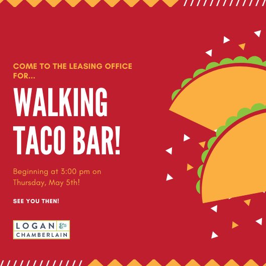 yugoraleigh's tweet photo. We’re having walking tacos today at the leasing office beginning at 3 pm ‼️ Make sure to stop by while supplies last 🌮

#lovewhereyoulive https://t.co/r42jfgFION