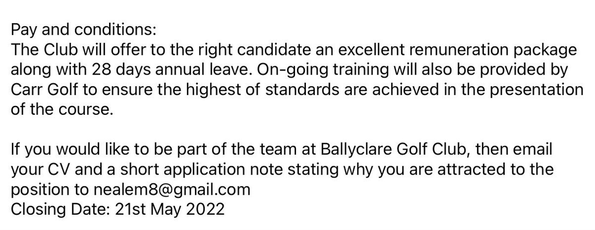 Recruiting an ‘Assistant Head Greenkeeper’  &amp;  a ‘Greenkeeper’.
See 4 attachments for details.

Closing date:  21st May 2022.
