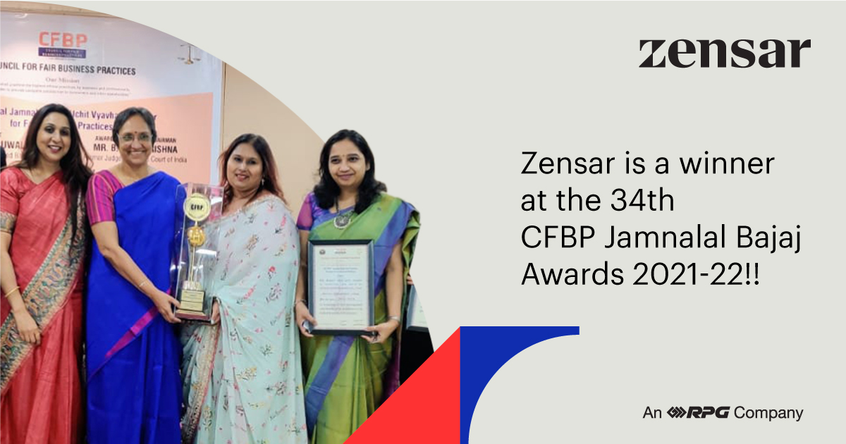 Proud to share that Zensar has been recognized for upholding the highest standards of ethics in business practices at the annual 34th <a href="/cfbpindia/">CFBP</a> Jamnalal Bajaj Award 2021-22.

#Award #Recognition #ethics 
<a href="/PrameelaKalive/">Prameela Kalive</a> <a href="/ajay_s_bhutoria/">Ajay S Bhutoria</a> <a href="/PrabhuAradhana/">Aradhana Prabhu</a>
