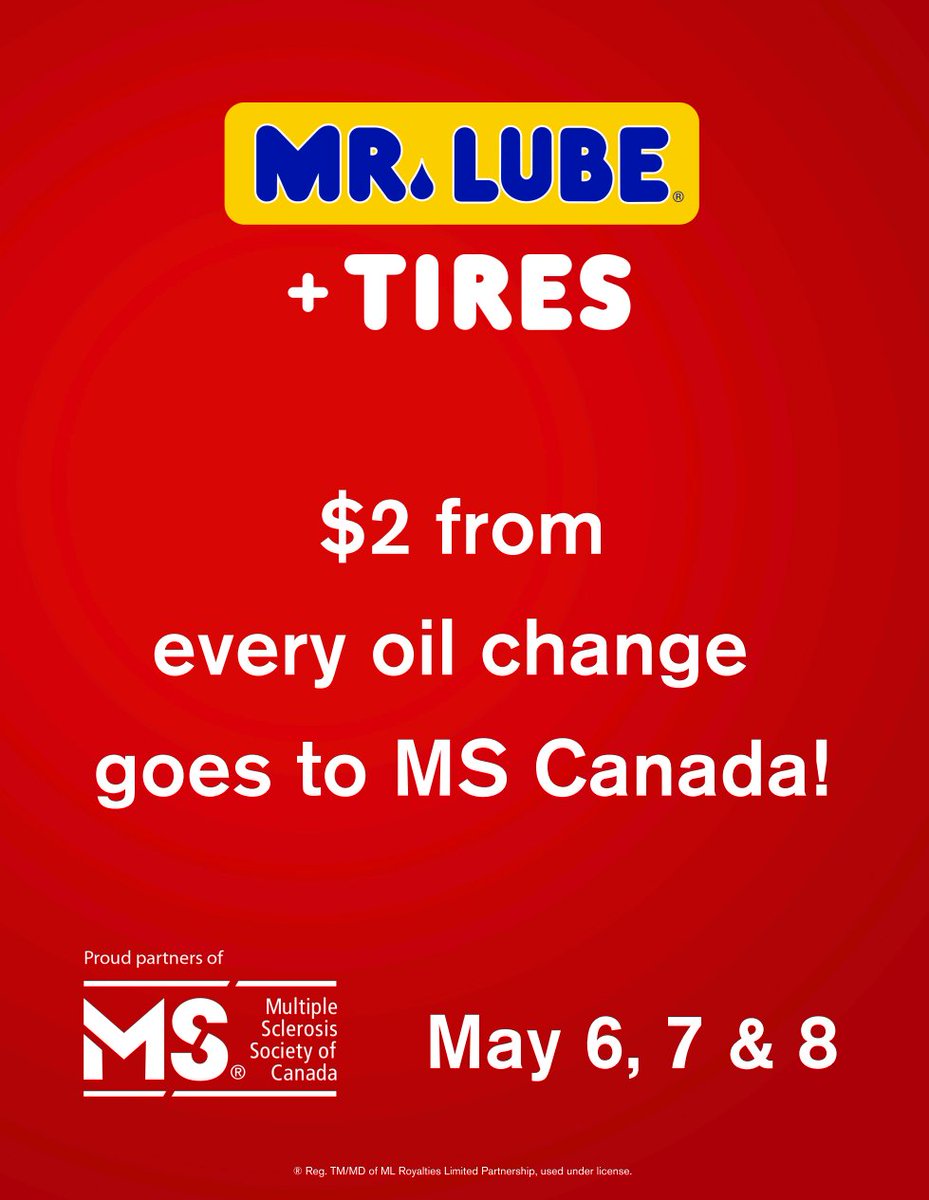Drop by for an oil change this weekend and help support @MSSocietyCanada!