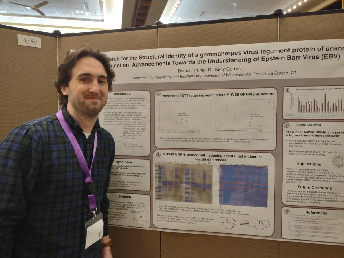 UWLaCrosse's tweet photo. #tbt The annual UW System Symposium for Undergraduate Research &amp; Creative Activity was held off campus two weeks ago and celebrated its 20th year! 
Pictured is Damon Trump, a UWL Biochemistry student at this year's symposium, where he presented on the structure of a protein. https://t.co/CHdBzM2kuH
