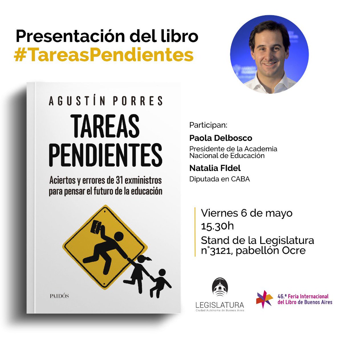 Mañana a las 15.30h presento #TareasPendientes en la <a href="/ferialibro/">Feria del Libro</a>. Me acompañará la Presidenta de la Academia Nacional de Educación, Paola Delbosco, y la Diputada <a href="/nataliafidel/">Natalia Fidel</a>. 
¡Los espero!