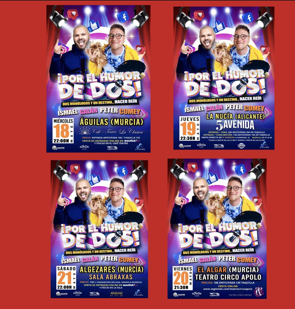 👏🤗Este mayo dosis de risas con estos dos grandes!
🎙 <a href="/Ismael_Galan/">Ismael Galán Cómico</a> y <a href="/petercomey/">Pedro Lázaro</a> os esperan 🔝👇
 POR EL HUMOR DE DOS 
 18 de Mayo #Cafeteatrolaclasica 
 19 de Mayo #sala5avenida 
<a href="/valcarcelevento/">Valcarceleventos</a>
 20 de Mayo <a href="/teatro_apolo/">Teatro Circo Apolo</a>
21 Mayo #Salaabraxas 
@paresonones_es <a href="/QuixoteProducc1/">Quixote Producciones</a>