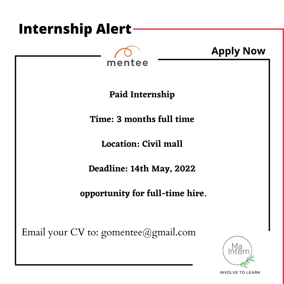 InternMa's tweet image. "Mentee is looking for interested candidates who are determined to learn and earn with their skills.
Paid Internship Program by Mentee will enhance your passion and sharpen your prowess.
If you're interested;
Please send us your CV at [gomentee@gmail.com]