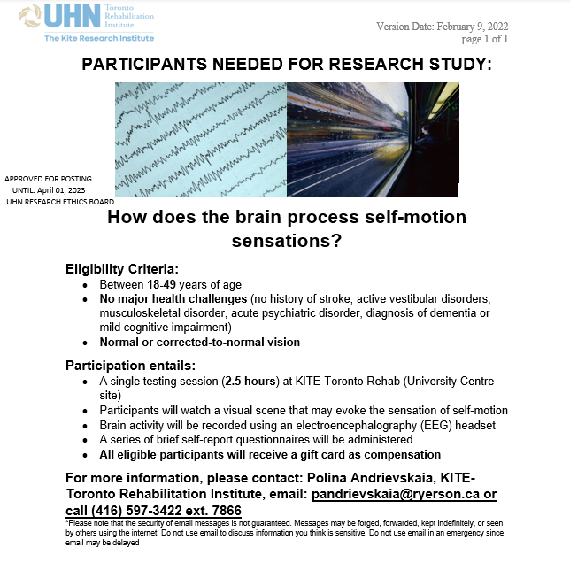 MiveLab's tweet photo. Please RT! We are seeking healthy adult volunteers to help us investigate how the brain processes the sensation of self-motion! Please see attached image for more details or visit https://t.co/SDMfhaZLZy. Replies to tweet will not be private.
@TRI_UHN https://t.co/DtoWevYhg3