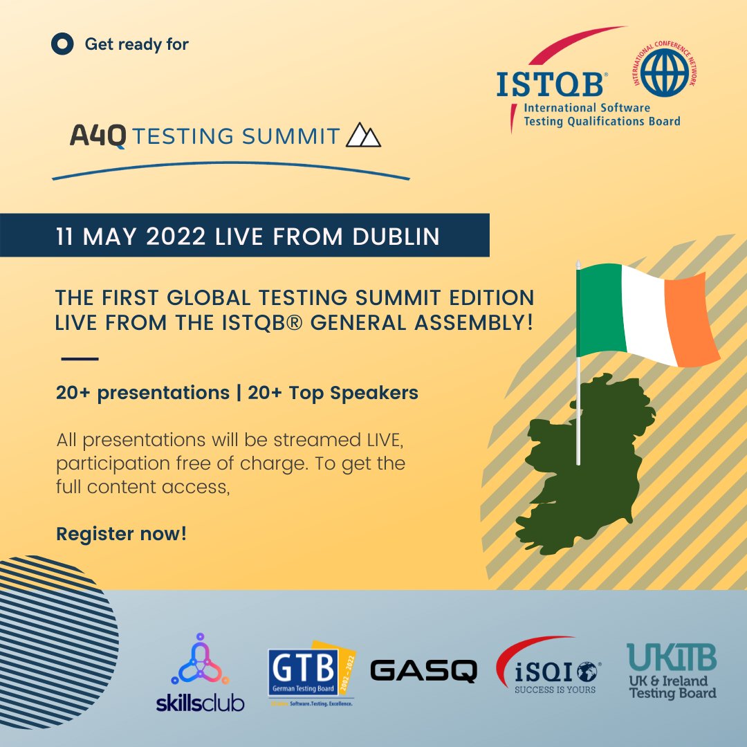 ISTQBORG's tweet photo. 📢ISTQB® Conference Network Alert! Free event!
Join the A4Q Global Testing Summit - 11th May 2022 broadcasting from the ISTQB® General Assembly venue in Dublin!
Only 1️⃣ week left to register - https://t.co/LtFQAPvSHU
#softwaretesting #testing #certifiedtester #a4qtestingsummit https://t.co/euwSqIzmSC