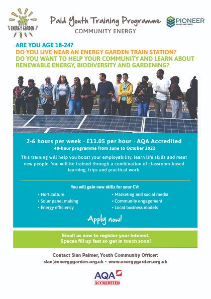 EnergyGardenLDN's tweet photo. 🚨Call for applications to our Paid Youth Training Programme in #CommunityEnergy

2-6 Hours/Week | £11.05/hr | AQA Accredited | Open to 18-24 YOs living in #London 

DM for more info or send your CV to sian@energygarden.org.uk

Please help us spread the word far and wide! https://t.co/Fvn0ZSpx4O