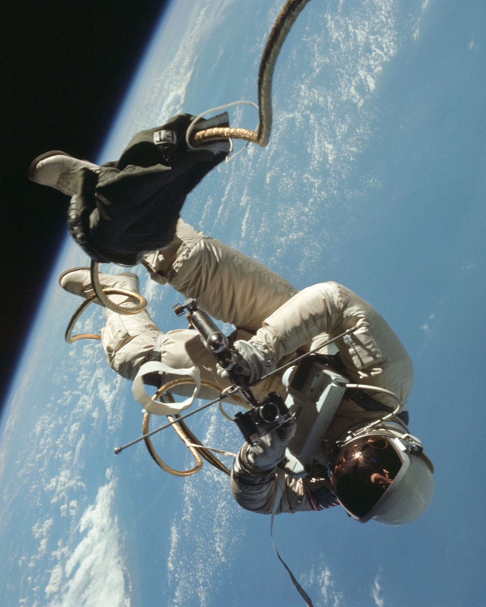 On June 3, 1965, NASA astronaut Ed White stepped out of his Gemini capsule and into space for the first American spacewalk. Attached by only a 23 foot tether and 25 foot umbilical, White floated in space for roughly 20 minutes. Circling the Earth at a speed of 17,000 miles per hour, he traveled 6,500 miles.