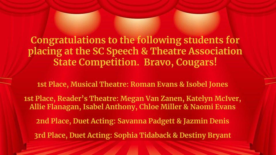 PHMSCougars's tweet photo. Congratulations to the following students for placing at the SC Speech & Theatre Association STATE competition. Bravo, Cougars! πππ
#PHcougarPRIDE #GoCougars #ArtsMatter https://t.co/5EvZm26mpO