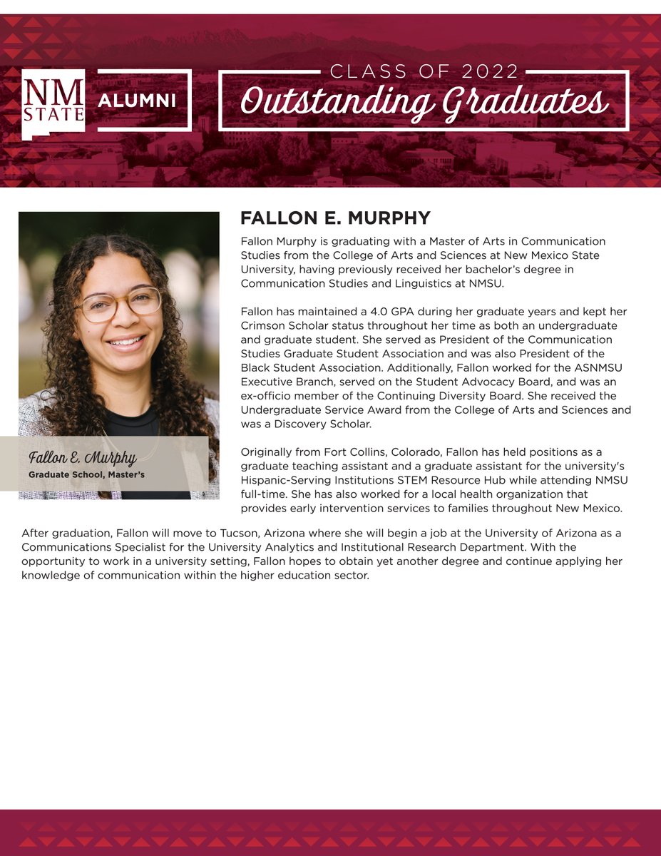 The sixth NMSU Outstanding Graduate in the spotlight is Fallon E. Murphy. She is the Spring 2022 Outstanding Graduate for the master’s program in the College of Arts and Sciences. Congrats on this remarkable accomplishment, Fallon! #nmsu #nmsualumni #OutstandingGraduate