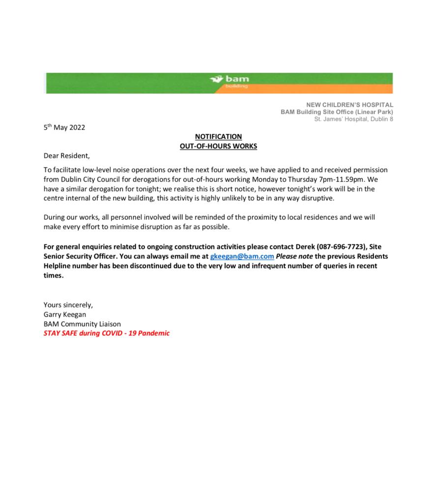 RespectRialto's tweet photo. Please see site notice from @BAMIrl_ re @nch_info late working derogations from @DubCityCouncil  These derogations have extended to up to midnight up to 4 times a week. If they effect you or your neighbours contact Derek on the number below. It seems @BAMIrl_ hotline is closed. https://t.co/l9Olfu4jRz