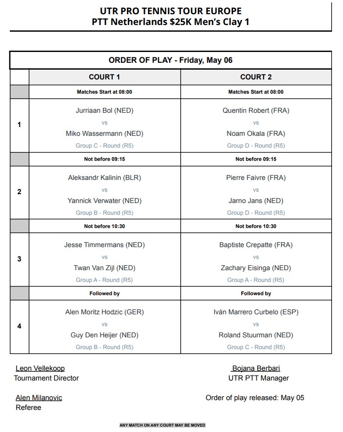 SportskillsPTT's tweet photo. The order of play for day 5, Friday May 6th, is out:
#UTRPTTBlaricum #toptennis #blaricum #bltcinbetween #tennis #universaltennis #bltc #Sportskills https://t.co/apX77LDOic