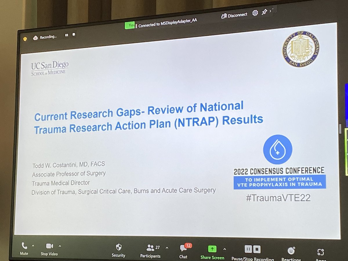 elliotthaut's tweet photo. Todd Costantini telling us about a “National Trauma Action Plan” #NTRAP #TraumaVTE22 @TWCostantini Hoping to look at NTRAP Delphi data for #VTE across all 11 panels. Will help us decide on #research priorities as it relates to #VTE in #Trauma. Perfect background for grants. https://t.co/mQbaDk8vUM