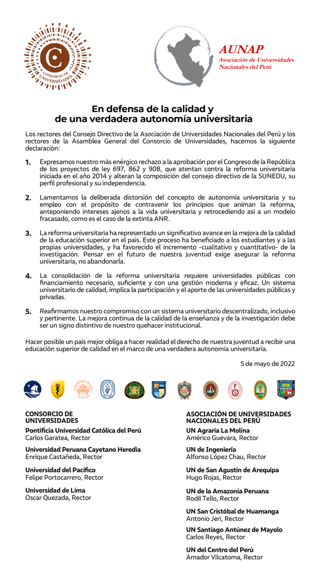PUCP (@pucp) on Twitter photo 11 universidades públicas y privadas de distintas regiones del país, integrantes del <a href="/ConsorcioEduPe/">Consorcio de Universidades</a> y la AUNAP, expresamos nuestro rechazo a la aprobación por el <a href="/congresoperu/">Congreso del Perú 🇵🇪</a> de los proyectos de ley que atentan contra la #ReformaUniversitaria y la #Sunedu. 11 universidades públicas y privadas de distintas regiones del país, integrantes del <a href="/ConsorcioEduPe/">Consorcio de Universidades</a> y la AUNAP, expresamos nuestro rechazo a la aprobación por el <a href="/congresoperu/">Congreso del Perú 🇵🇪</a> de los proyectos de ley que atentan contra la #ReformaUniversitaria y la #Sunedu.