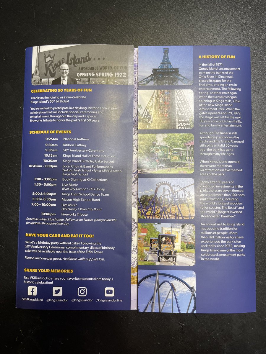 BuckeyeCoaster's tweet photo. 50th Anniversary @KingsIslandPR Park Map - This park map was given out the morning of the 50th Anniversary Celebration! I can’t wait to get mine framed! It’s an awesome piece of #KIHistory! #KingsIsland #KI50th #KICelebration #KI1972 #KI2022 https://t.co/uoeQP1r8sx