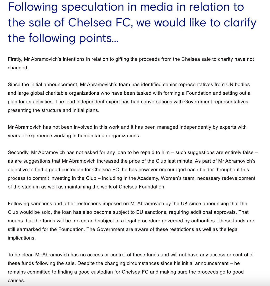 FabrizioRomano's tweet photo. Official statement by Roman Abramovich on the sale of Chelsea Football Club. 🚨🔵 #CFC

“Mr Abramovich has not asked for any loan to be repaid to him – such suggestions are entirely false”.

Full statement 📑⤵️ https://t.co/KOZRdBbRXK