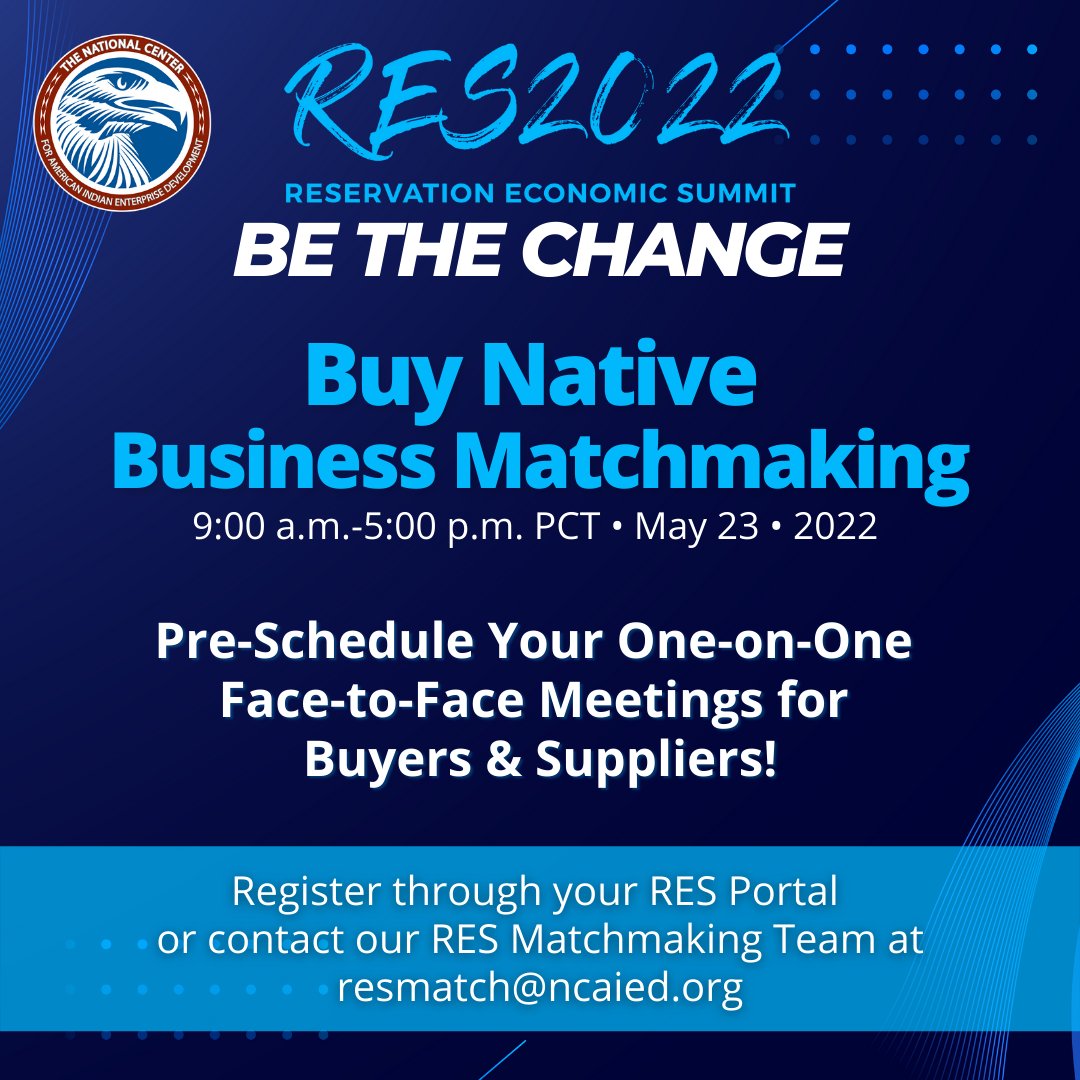 ncaied's tweet photo. Looking for a match made at #RES2020? 

Don’t miss out on the Buy Native Business Matchmaking event to connect Native American businesses with government agencies, prime contractors, corporations, &amp; tribal entities! 

Learn more ➡️ https://t.co/q8Qkd2sFau https://t.co/SOnHILtEl1