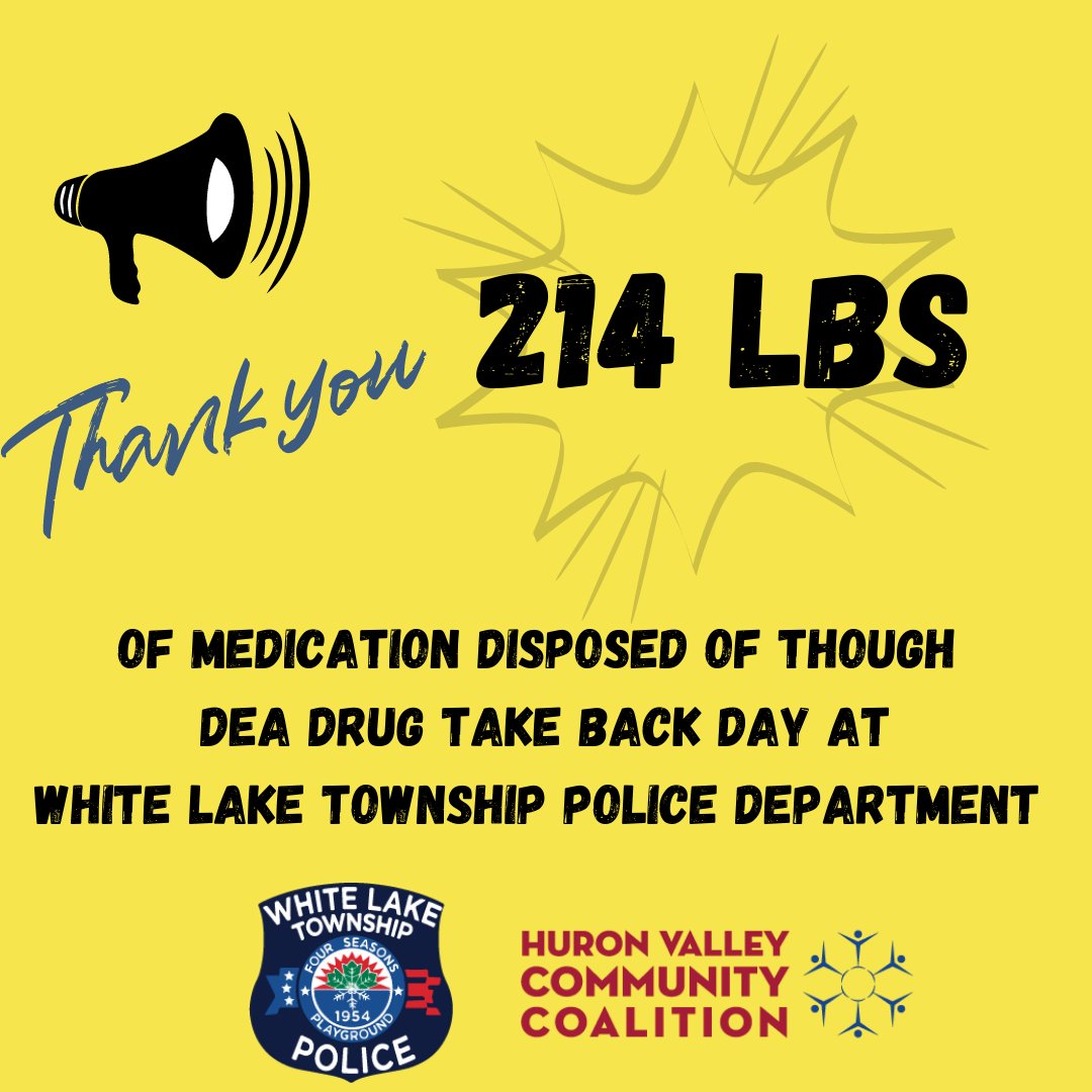 Great job! 214lbs of medication was dropped off and properly disposed of! 
If you missed the drop off day, you can still drop off at any police department in our community.