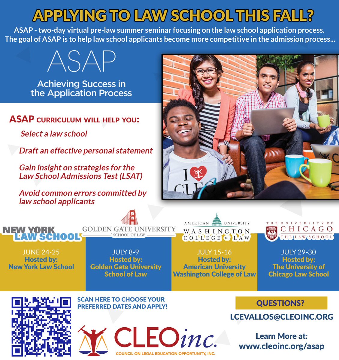 USD Law is participating in this summer’s ASAP program. ASAP is a two-day virtual pre-law summer seminar focusing on the law school application process. The goal of ASAP is to help law school applicants become more competitive in the admission process.