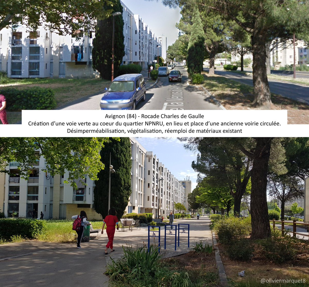 oliviermarquet8's tweet photo. Avant / après !
Sur #Avignon, la suppression d'une voie doublant la rocade Charles de Gaulle a permis de créer une voie verte au pied des habitations, d'eloigner des habitants les véhicules sources de pollution, au coeur du #NPNRU
#Desimpermeabilisation #vegetalisation #velo 🥰 https://t.co/2dkOXK58Ps