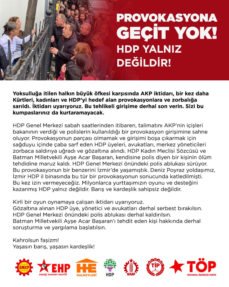 tipgenelmerkez's tweet photo. Provokasyona geçit yok! HDP yalnız değildir!

7 siyasi kurum olarak HDP'yi hedef alan provokasyonlara karşı ortak açıklamamızdır: https://t.co/SbBUAnC3u6