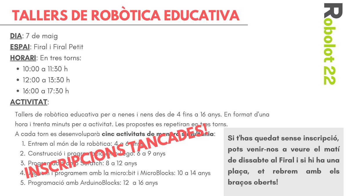 ROBOLOT's tweet photo. Hem tancat inscripcions, però... pots venir-nos a veure dissabte al matí i pot ser hi ha alguna plaça per a tu!

#Robolot22 https://t.co/kOrr8TRxMe
