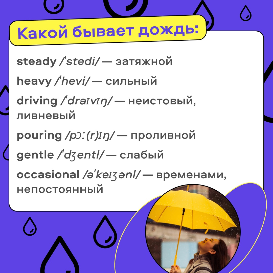 PuzzleEnglish's tweet photo. В мае погода меняется стремительно! Запоминайте полезные прилагательные для описания разного дождя ☔ https://t.co/BofKl6Gmfp