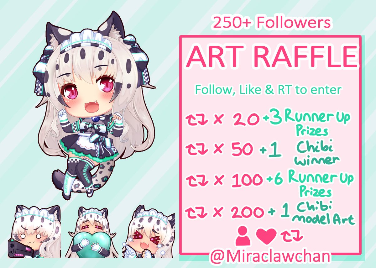 Thankies for the 250 followers! 💜💜
Now let's celebrate with an Art Raffle with a little twist!! The more people who join the more prizes you get!

Ends May 25th
#VtubersEN #VTuberEN #ENVtuber #Vtuber #VTuberUprising #Giveaway