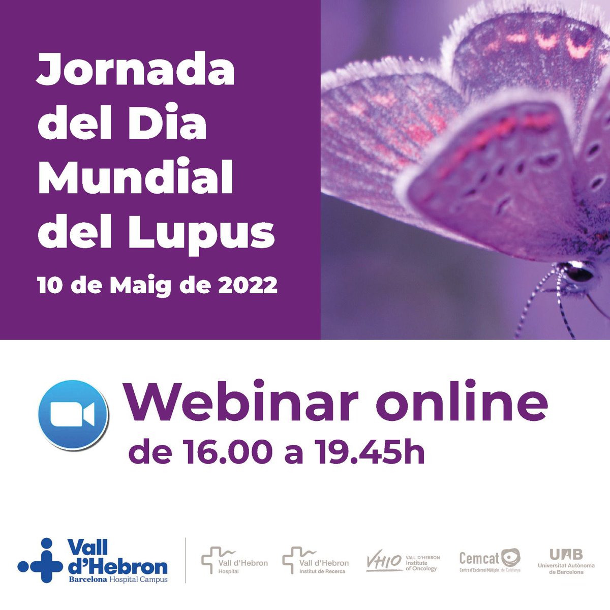 Atenció!!🚨😋 La Unitat de Lupus del <a href="/vallhebron/">Vall d'Hebron</a> organitza un Webinar Online el dimarts 10 de Maig, aprofitant que és el #DiaMundialDelLupus!!🦋💜

Si us inscriviu, tindreu l'opció de veure el vídeo de la gravació🤩🎥.

Per aquest motiu, INSCRIU-TE!: app.livestorm.co/vhir/jornada-d…