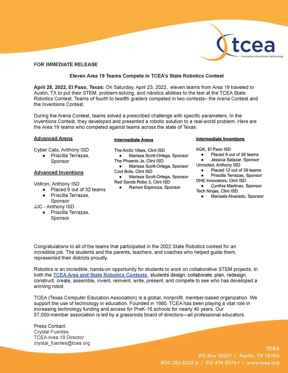 ESCRegion19's tweet photo. Congratulations to all of the teams from @_AnthonyISD @ClintISD and #EPISD who participated in this exciting competition!
Check out this write-up from @TCEA for all of the details on these awesome #R19 teams and their participation.
Congratulations!
#WeR19 #TexasRobotics https://t.co/v76oay7mX6