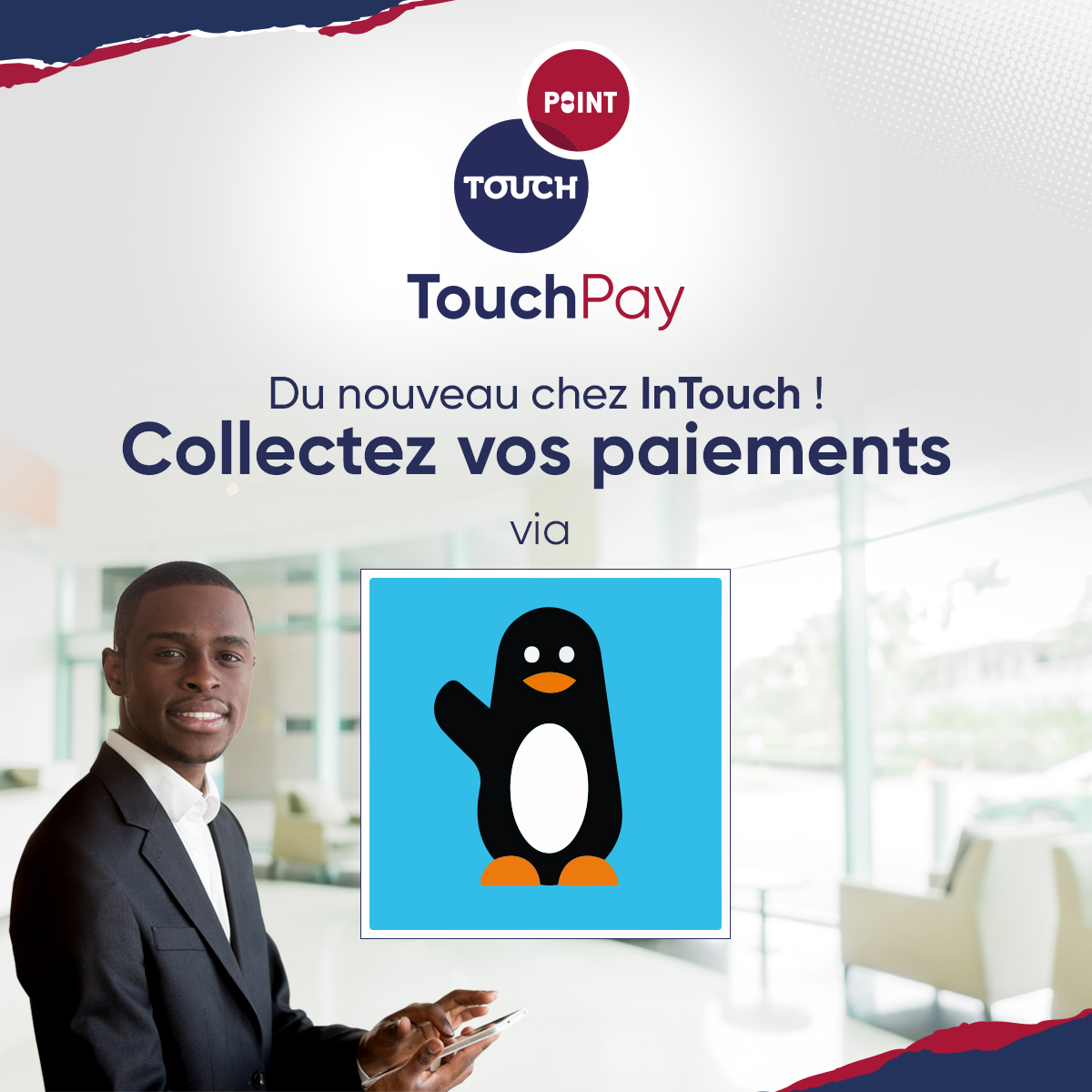 GroupeInTouch's tweet photo. Du nouveau chez InTouch !
Collectez vos paiements via WAVE sur TouchPay au Sénégal !
#Touch #entrepreneur #fintech #DigitalAfrica #fintechnews #touchpoint #Touchpay #mytouchpoint #clientservice #customerexperience #touchfintech4africa https://t.co/gjFBt5glMO