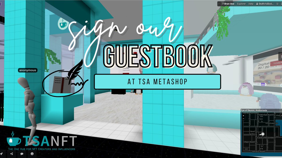 ArtTeaswap's tweet photo. 🍵Come check out #TSAMetaShop on #Voxels @cryptovoxels and sign our guestbook! ✍️
⏩⏩https://t.co/jBdxmdTTtD⏪⏪
#Voxels #Digital2020 #TowardsDigitalWorld https://t.co/yQmkK5pL5H